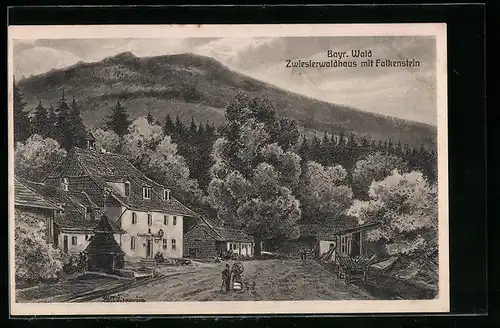 Künstler-AK sign. Hans Pernat: Zwieslerwaldhaus, Gasthaus Forster mit Falkenstein