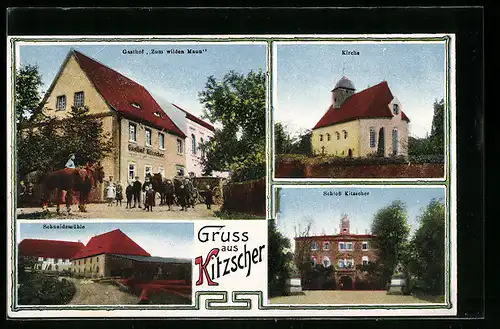 AK Kitzscher, Gasthof zum wilden Mann, Schloss, Kirche