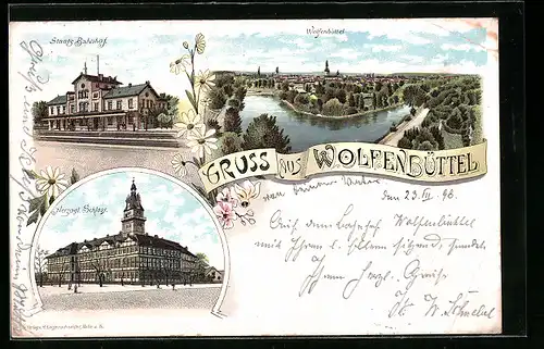 Lithographie Wolfenbüttel, Panorama vom Ort und Ansicht vom Staats Bahnhof und Herzogl. Schloss