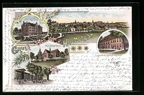 Lithographie Helmstedt, Landwirtschaftliche Schule-Marienberg, Marienberger Kirche, Landwirtsch. Haushaltungsschule