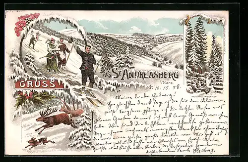 Winter-Lithographie St. Andreasberg, Skifahrer, Wasserfall am Oderteich, Hase und Hirsche