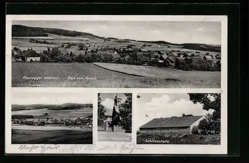 AK Rhenegge-Waldeck, Kirche m. Kriegerdenkmal, Schützenhalle, Ortsansicht vom Aulsch