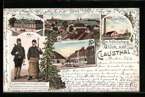 Lithographie Clausthal, Teilansicht, Silberhütte, Schacht Kaiser Wilhelm II., Oberbergamt