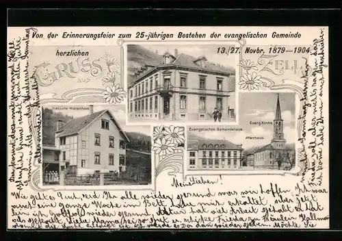 Passepartout-AK Zell i. W., 25-jähriges Jubiläum der ev. Gemeinde 1904, Diaspora-Waisenhaus, Gemeindehaus m. Kirche