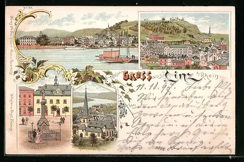 Lithographie Linz /Rh., Markt, Teilansicht, Panorama mit Schiff