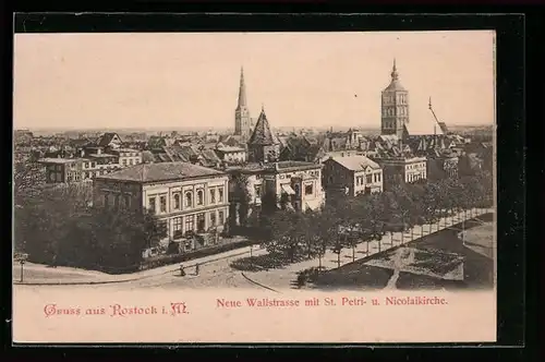 AK Rostock, Neue Wallstrasse mit St. Petri- und Nicolaikirche