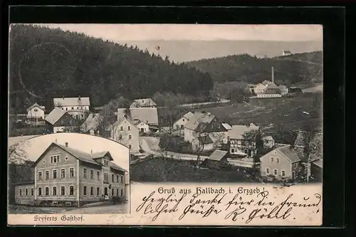 AK Hallbach /Erzgeb., Seyferts Gasthof, Ortsansicht aus der Vogelschau