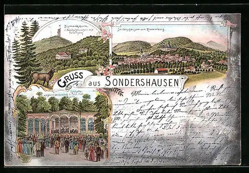 Lithographie Sondershausen, Concert in der Lohhalle, Gastsätte Waldschlösschen mit Bismarckturm, Ortsansicht