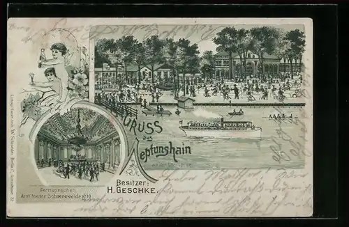 Lithographie Berlin-Niederschöneweide, Gasthaus Neptunshain, Gartenansicht vom Wasser, Saal