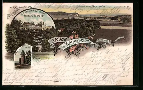 Lithographie Nordhausen, Gasthof Wilhelmshöhe O. Gebhardt mit Zugangsweg aus der Vogelschau, Wartthurm, Landschaftsblick