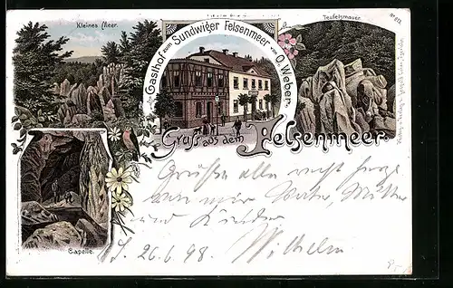 Lithographie Sundwig, Gasthof zum Sundwiger Felsenmeer O. Weber, Teufelsmauer, Kleines Meer