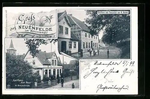 Passepartout-AK Neuenfelde /Altes Land, Gasthaus zur Post H. Ohlhaver mit Kirche, Gasthaus und Tanzsalon N. Harms