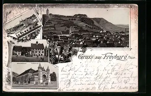 Lithographie Freyburg a. Unstr., Ortsansicht mit Restaurant z. Sektkellerei u. Erinnerungs-Turnhalle