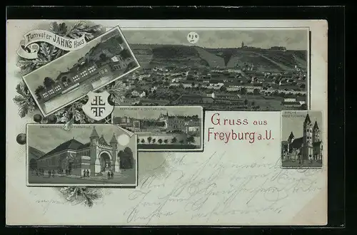 Lithographie Freyburg a. U., Gesamtansicht, Turnvater Jahn`s Haus und Restaurant Sektkellerei