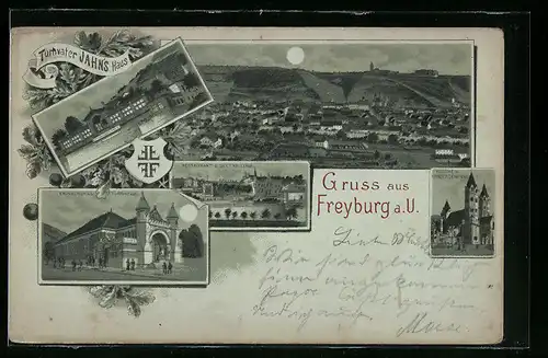 Lithographie Freyburg a. U., Gesamtansicht, Turnvater Jahn`s Haus und Restaurant Sektkellerei