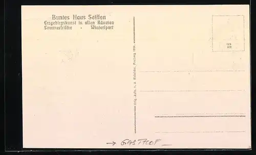 AK Seiffen, Pferdekutsche v. d. Gasthof Buntes Haus nebst Erbgericht