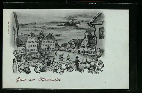 Mondschein-AK Altomünster, vor dem Wirtshaus, aus der Sicht eines Betrunkenen