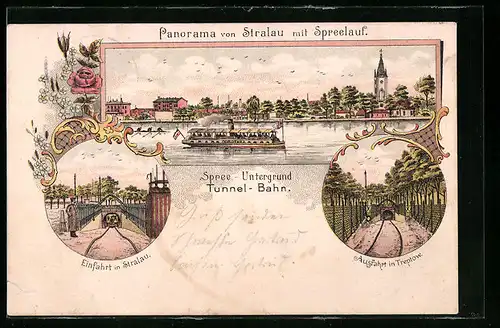 Lithographie Berlin-Friedrichshain, Einfahrt in Stralau, Ausfahrt in Treptow, Panorama von Stralau mit Spreelauf