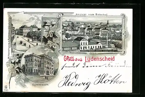 Lithographie Lüdenscheid, Ansicht vom Bahnhof und Gymnasium