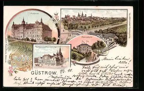 Lithographie Güstrow i. M., Domschule, Rathaus und Pfarrkirche, Schloss