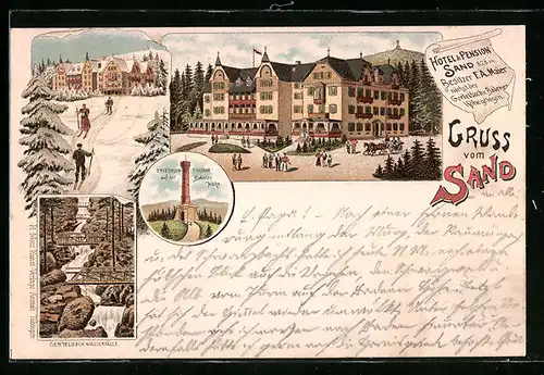 Lithographie Bühl / Baden, Hotel und Pension Sand, Friedrichthurm auf der Badener Höhe