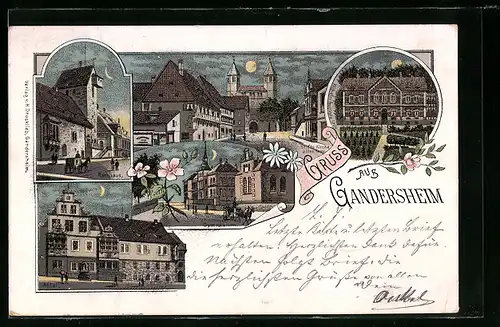 Lithographie Gandersheim, Abtei, Rathaus, Wilhelm Augustus-Stift, Gymnasium