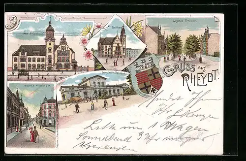 Lithographie Rheydt, Rathaus, Neue Post, Augusta-Strasse, Neujahrsgruss