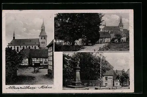 AK Altenrüthen-Möhne, Kirche, Strassenpartie, Denkmal