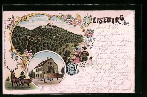 Lithographie Meiseberg, Ortsansicht mit Hirschen