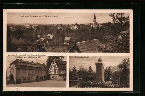 AK Greifendorf, Gasthof der Geschw. Spindler, Kriegerdenkmal