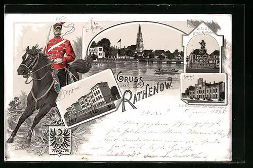 Lithographie Rathenow, Kaserne, Am Havelthor, Denkmal des grossen Kurfürsten