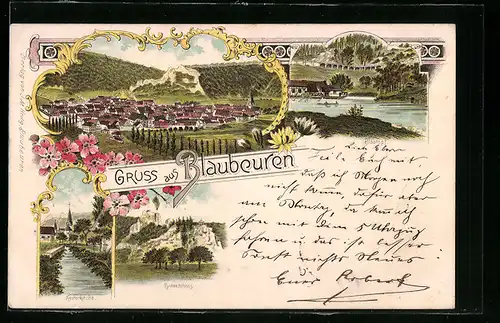 Lithographie Blaubeuren, Blautopf, Ruckenschloss, Klosterkirche