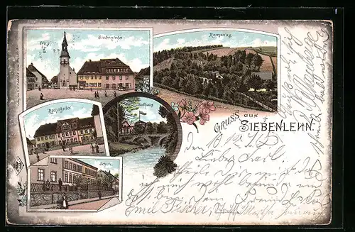 Lithographie Siebenlehn, Rathskeller, Zollhaus, Schule