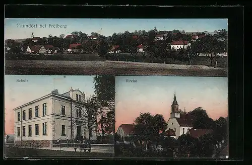 AK Naundorf bei Freiberg, Teilansicht, Schule, Kirche