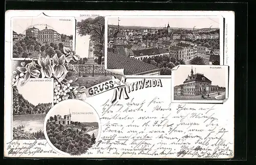 Lithographie Mittweida, Postamt, Technikum, Zschopauburg