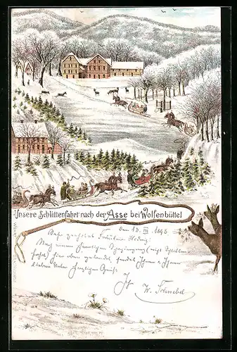 Winter-Lithographie Wolfenbüttel, Schlittenfahrt nach der Asse