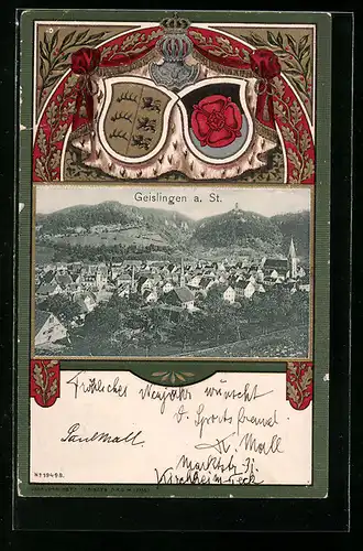 Passepartout-Lithographie Geislingen a. St., Ortsansicht aus der Vogelschau, Wappen