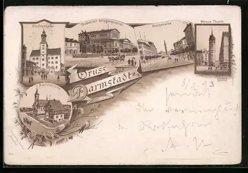 Lithographie Darmstadt, Rheinstrasse, Theater mit Kriegerdenkmal, Martinskirche
