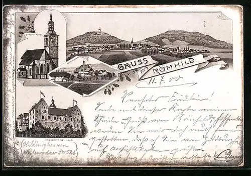 Lithographie Römhild, Kriegerwaisenhaus, Dampfmolkerei, Stadtkirche
