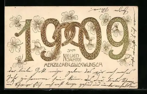 AK Jahreszahl 1909 mit Hufeisen und Blüten