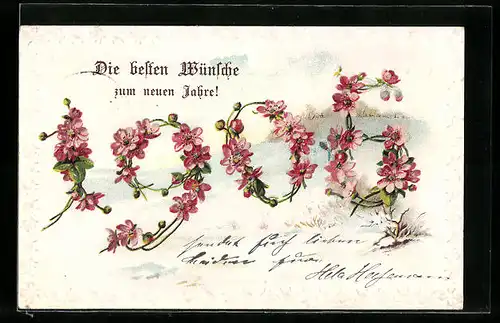 Präge-AK Jahreszahl 1905 aus Blumen, Neujahrsgruss
