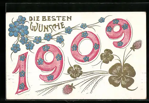 AK Jahreszahl 1909, Kleeblatt und Vergissmeinnicht