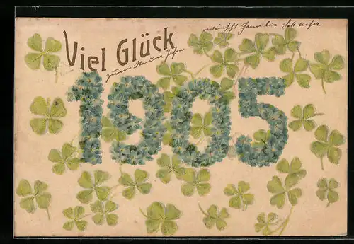 Präge-Lithographie Viel Glück 1905, Jahreszahl aus Blüten und Klee