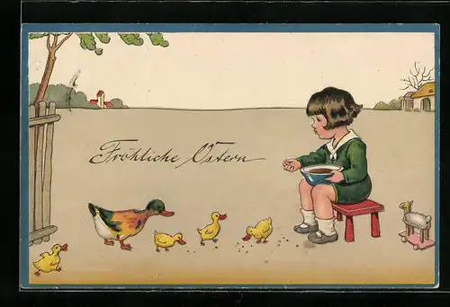 AK Mädchen füttert Osterküken