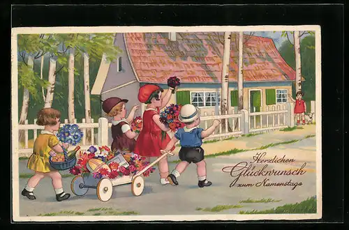 AK Kinder mit Bollerwagen zum Namenstag