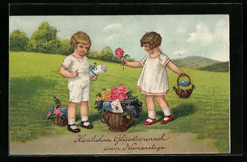 AK Kinder mit Blumengeschenken zum Namenstag