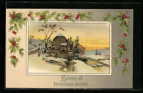 AK Winterlandschaft in Abendstimmung zu Neujahr