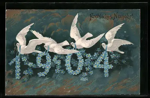 AK Tauben transportieren blumige Jahreszahl 1904, Fröhliches Neujahr