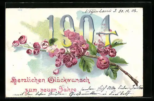 Lithographie Jahreszahl 1904 und Rosen, Neujahrsgruss