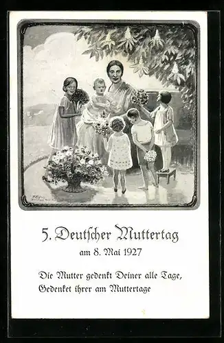 AK 5. Deutscher Muttertag 1927, Mutter mit ihren Kindern